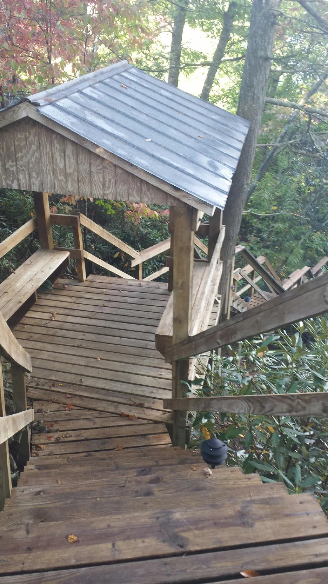 Metal roofed shelter over wooden steps on a wooded walkway — Skylight Repair & Installation work by our crew in Buckner